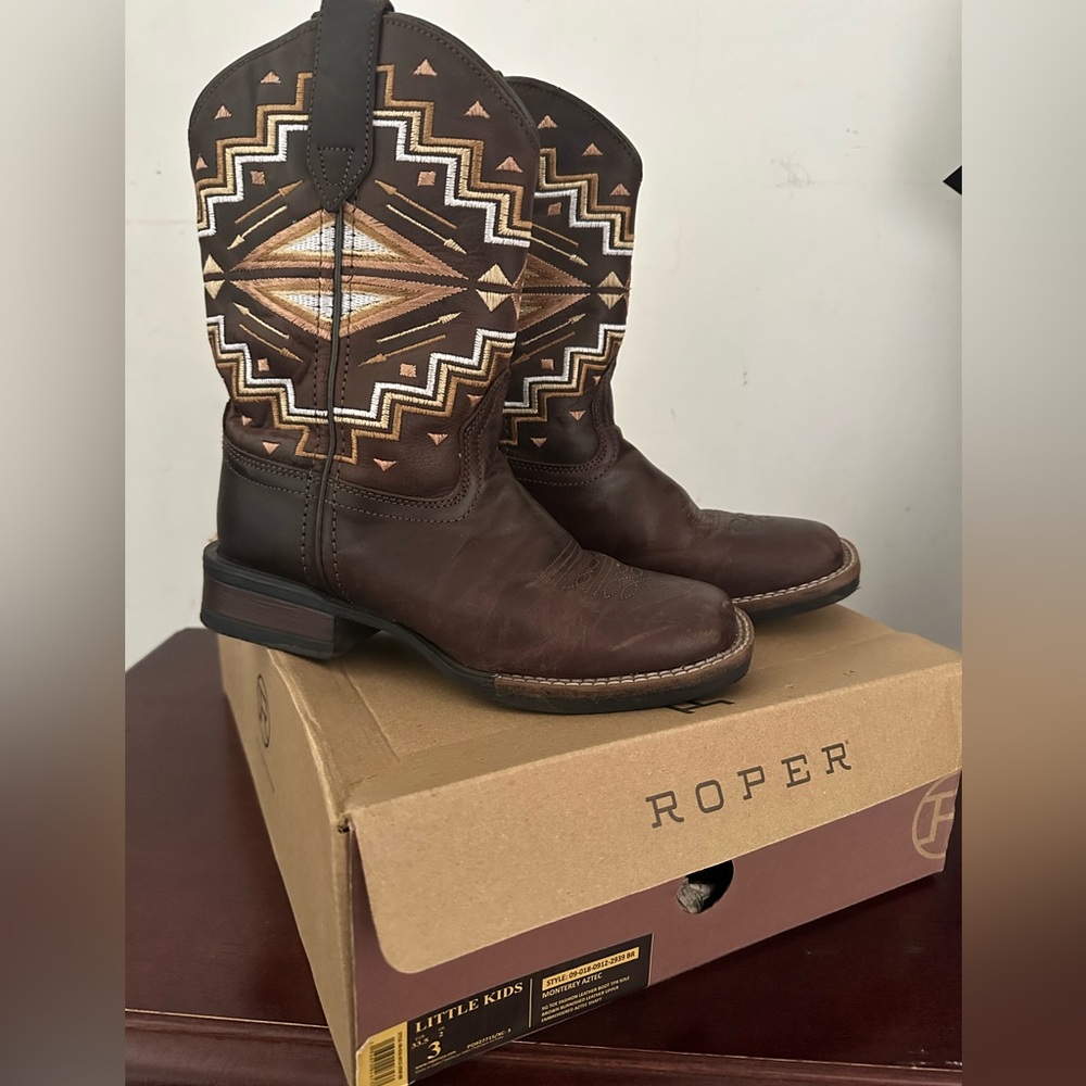 Roper Aztec Dark Brown Western Boots with Geometric Design